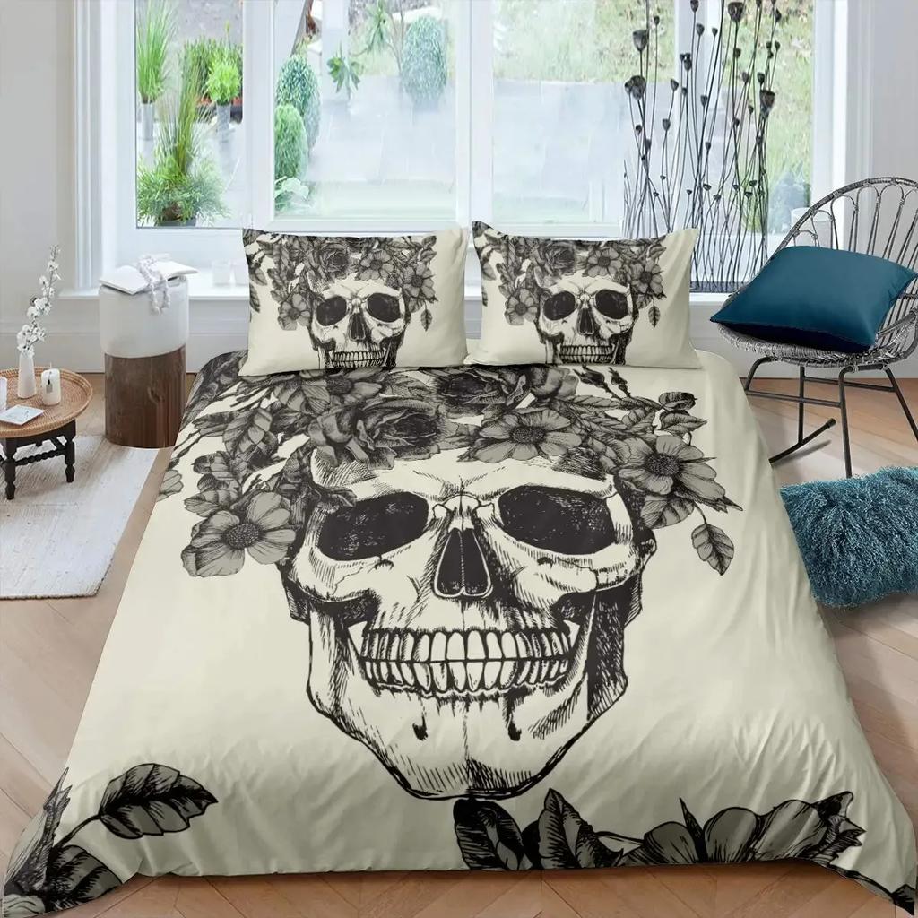 Gothic Skull Death Moth Flowers Comfortable Duvet Quilt Cover Pillowcase Bedding Set Children Bedroom Decoration Home Textile
