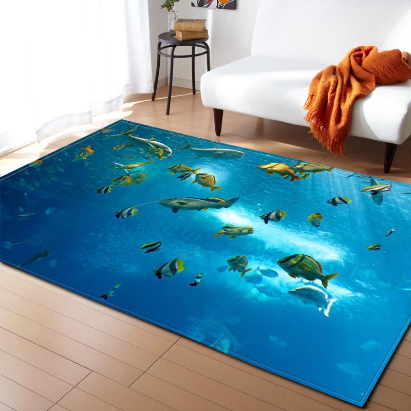 Ocean Corals Living Room Area Rug Fish 3D Carpets Boys Bedroom Play Rugs for Children Room Flannel Kitchen Mat Doormat Entrance