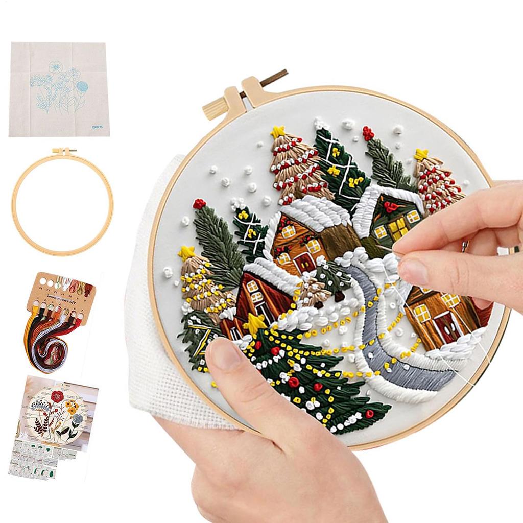 DIY Material Hand Embroidery Kit Snow Scenery Winter Villages Christmas Trees Christmas Theme Decorations Embroidery Kit