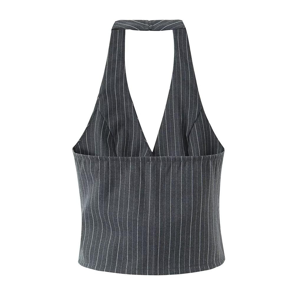 European and American style, new women's clothing, fashionable single-breasted neck vest striped cake skirt