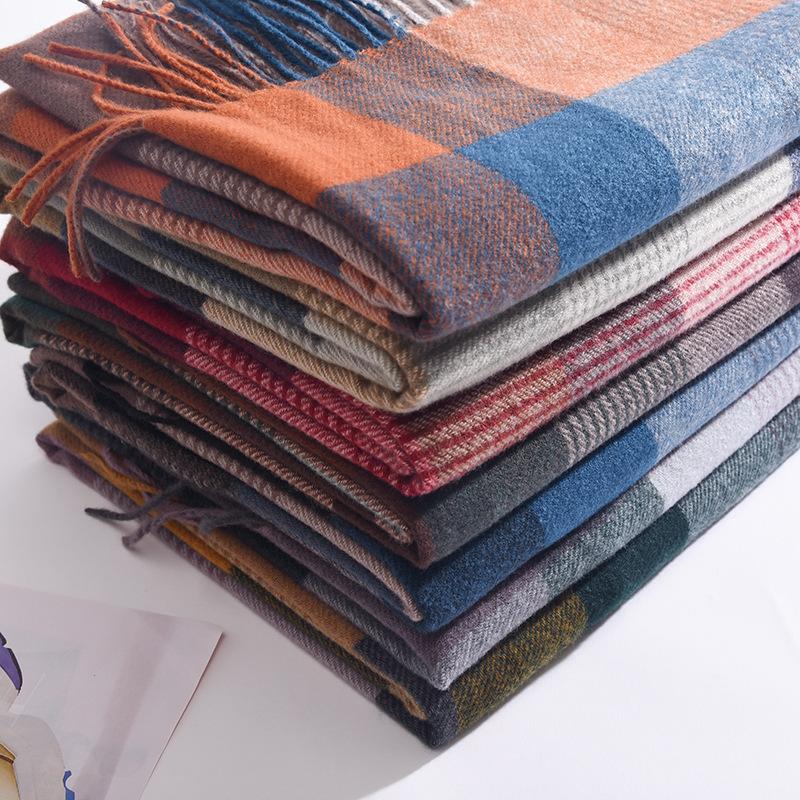 Korean Version New Rainbow Splicing Color Plaid Shawl Female Male Imitation Cashmere Long Scarf Women Men Warm Tassel Muffler