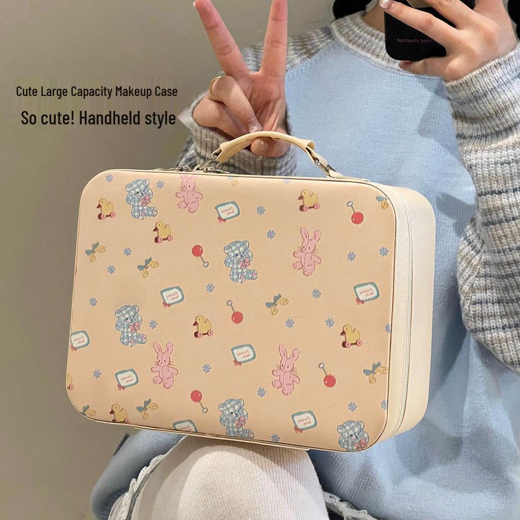 Large Capacity Cute Handbag Makeup Case with Mirror - Portable Travel Cosmetics Bag