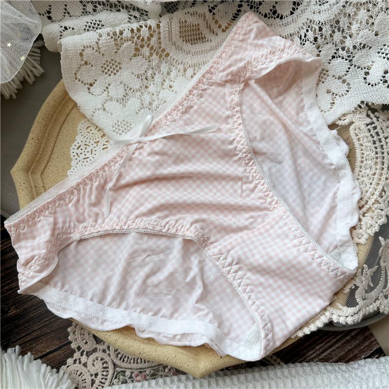 Women Cute Cartoon Ice Silk Screen Flower Sweet Plaid Polka Dots Flanged Low-rise Women's Panties