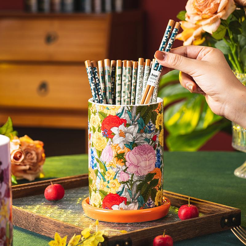 Creative Ceramic Chopsticks Barrel Painted Flower Storage Jar Home Kitchen Drain Chopsticks Knife Fork Spoon Storage Bucket New