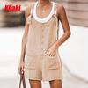 women's Linen Blend Tie Knot Strap Button Front Pocketed Loose Short Overalls Bib Shorts