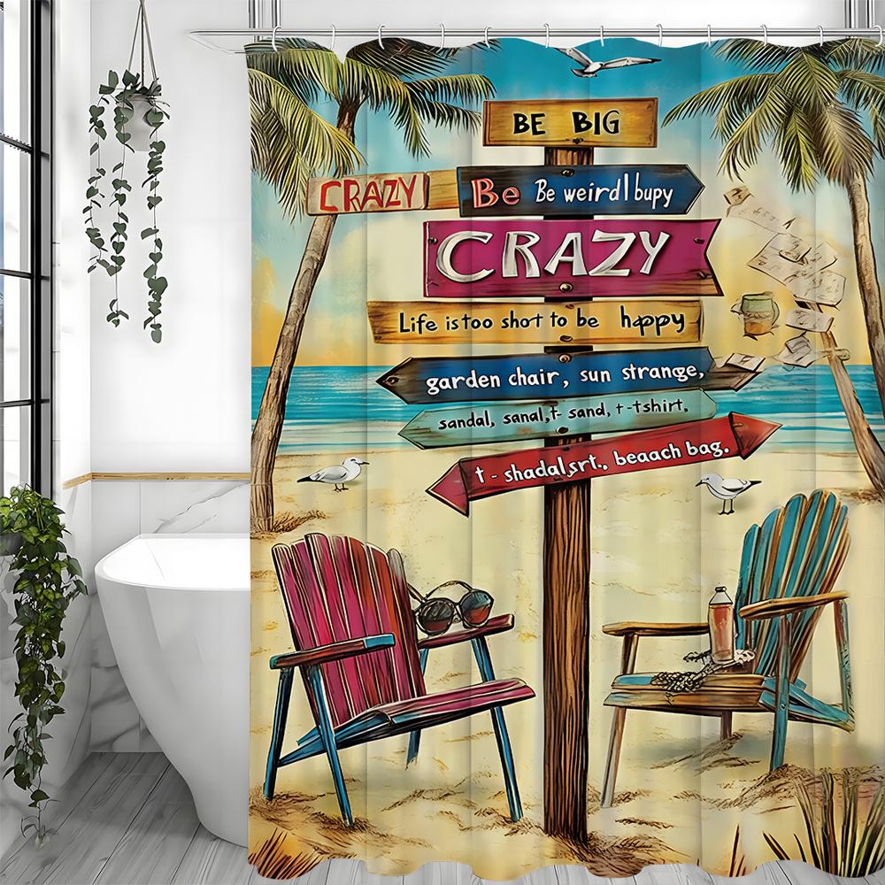 Cartoon Ozean Beschilderung Strandstuhl Kokospalme Duschvorhang, Badezimmer Dekorativer Duschvorhang, Wasserdichter Duschvorhang wit