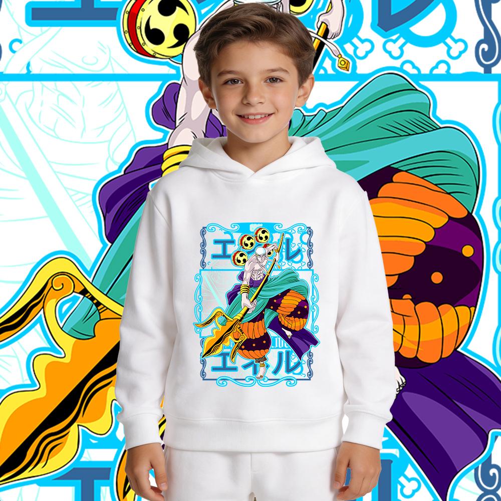One Piece Enel Anime Print Hoodie Boys Girls Fall Winter Warm Fleece Hooded Sweatshirt Children Casual Pullover Top