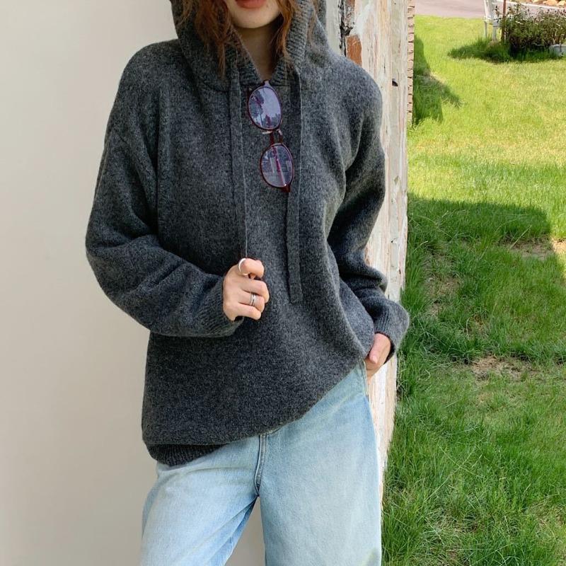 Solid Color Pullover Hoodie Sweater Women's Autumn and Winter New Retro Loose and Thin Lazy Style Knitted Sweater Jacket