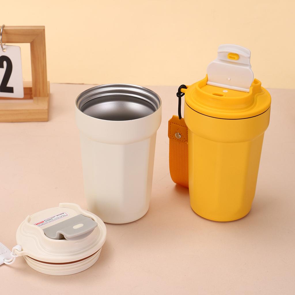 Neue achteckige Kaffeetasse aus 316 Edelstahl, schlichte einfarbige Klapp-Thermoskanne mit Trageschlaufe, Direkttrink-Geschenktasse