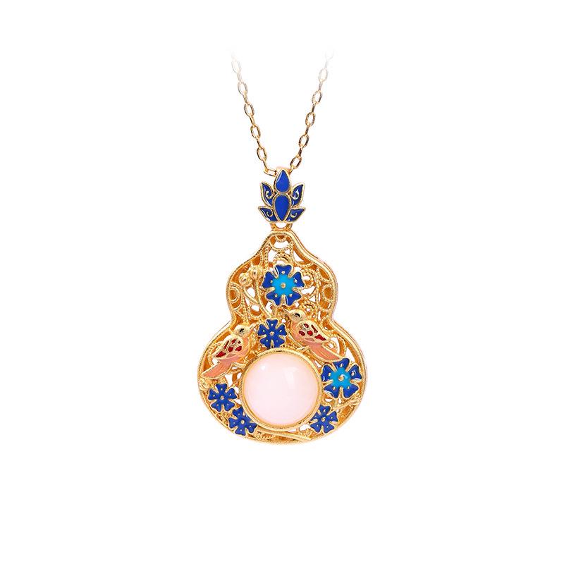 Collana a forma di zucca in smalto blu cinese per donna - Placcata oro con intarsio in giada, stile Hanfu Qipao