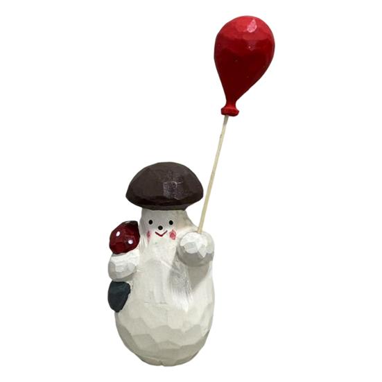 Wooden Mushroom Figurine Hand-Carved Mushroom Elf Holding A Balloon Rustic