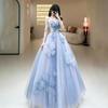 Light Blue Strapless Fairy Like Mesh Fluffy Dress, Floor Length Skirt, Bridal Wedding Banquet, Graduation Ball, High-end Elegant Formal Dress