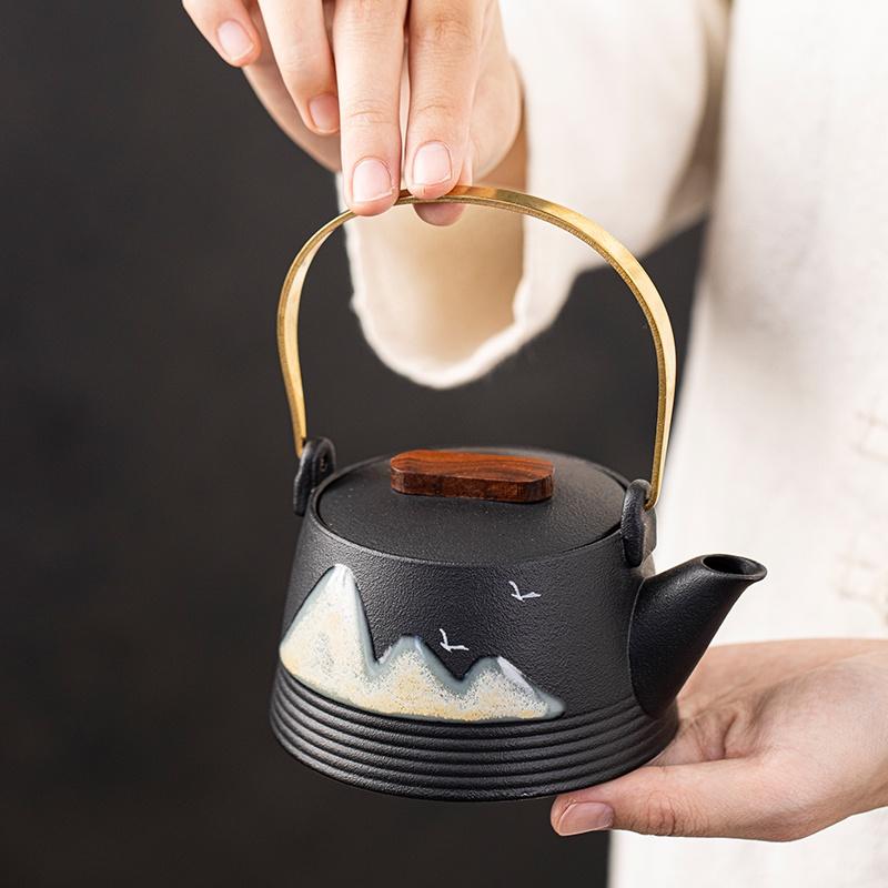 290ml Japonský styl Černá keramika Ručně malovaná konvička Keramická konvička s uchem pro zvedání Kung Fu čajový set