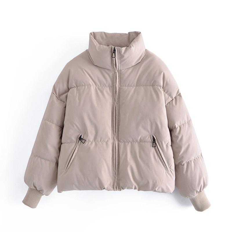 Automne Hiver Femmes Doublure En Coton Court Parka Veste Manteau avec Col Montant Couleur Unie Style Preppy Épais Poches À Fermeture Éclair Oversize XS-L