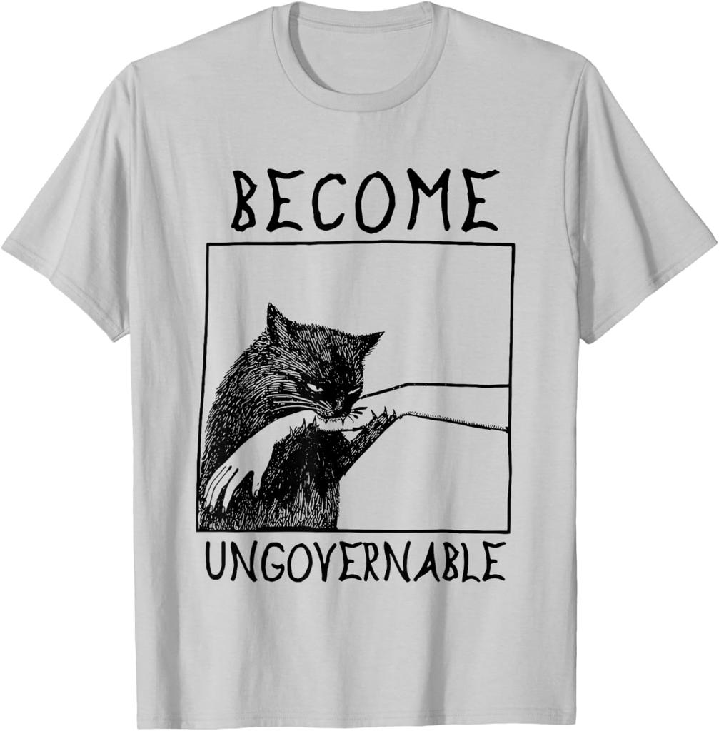 Become Ungovernable Biting Cat Meme Graphic Tee Cotton Casual Crewneck T-Shirt for Daily Wear