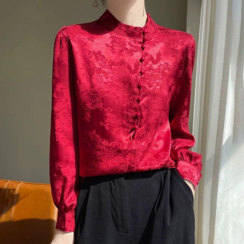 Light National Wind Snow Spun Shirt for Women In the Workplace Spring Long Sleeve Stand Up Collar Shirt Chinese Printed Commuter