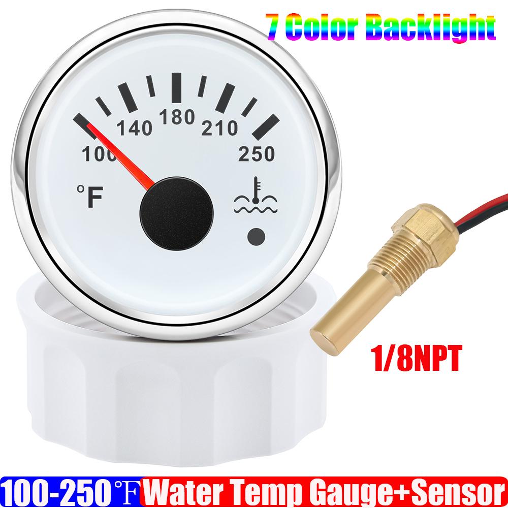 100~250℉ Vattentemperaturmätare Indikator Blinkande Larm 7 Färg LED 2" 52mm Vattentemperaturmätare med Sensor för Bil Båt