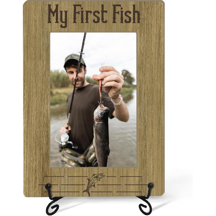 Fishing Photo Frame with Iron Stand, My First Fish Picture Frame, Wood Picture Holder Memorial, for Countertop, Tabletop Display, Photo Friendship My First Fish-A
