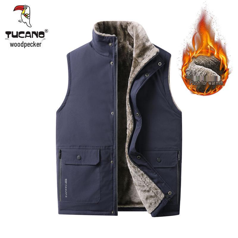 Woodpecker Men's Plus Velvet Thickened Cotton Vest – Autumn/Winter Sleeveless Workwear Fishing Gilet
