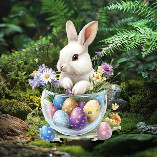 Easter Bunny Garden Stakes Outdoor Decor, 2D HD Printing Acrylic Rabbit & Colorful Eggs Ornaments with Weatherproof Design, Easy-Insert Spike