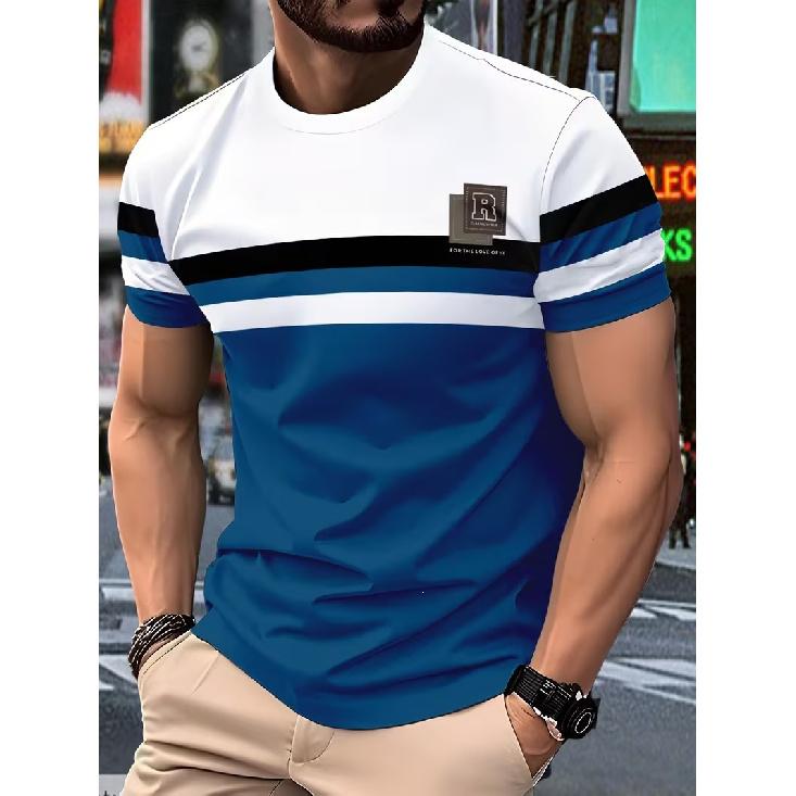 New simple striped design 3D printed men s T-shirt, casual and novel logo 3D round neck short sleeve S