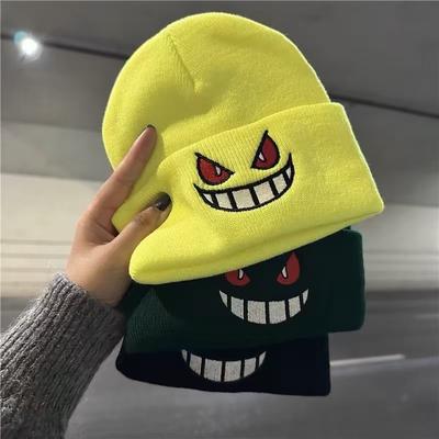 Devil Smiley Face Label Wool Hat Women's Autumn and Winter Warm Trend Versatile Ear Protector Black Knitted Hat