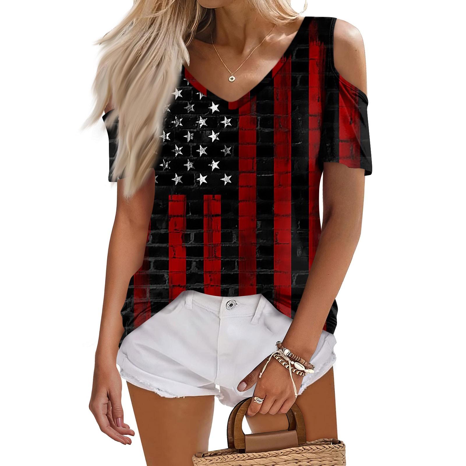 

Женская летняя модная повседневная футболка без бретелек с v-образным вырезом и короткими рукавами, посвященная Дню независимости, топ XL винный