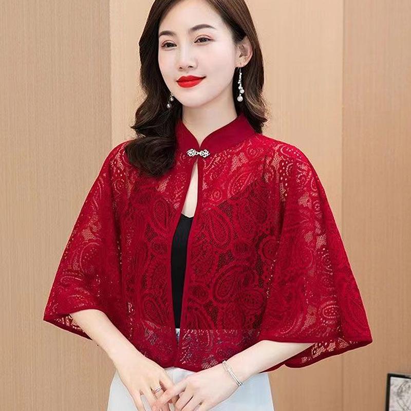 Spring Summer Shawl Coat Thin Scarf Long Sleeve Lace Temperament Cardigan Outwear Shoulder False Collar Out All-Match Ponchos