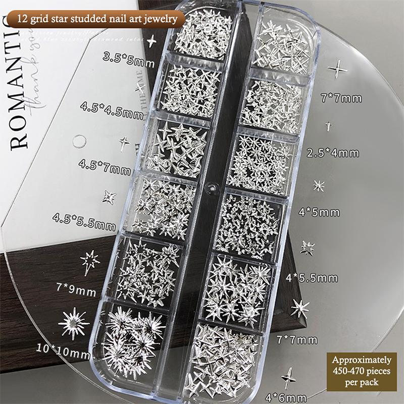 12 Grades/Caixa Design Misto 3D Metal Starlight Charms para Unhas Peças Estrelas Rebite Acessórios Para Decoração de Unhas Suprimentos de Manicure