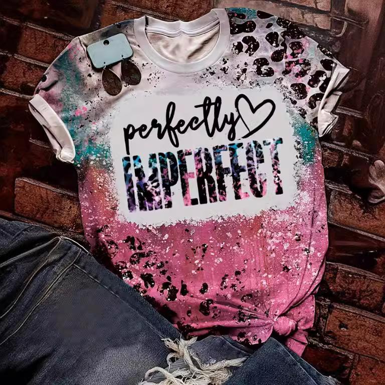 Leopard Print Letter Printed Short Sleeved Women's T-shirts Summer Street Round Neck Loose Top