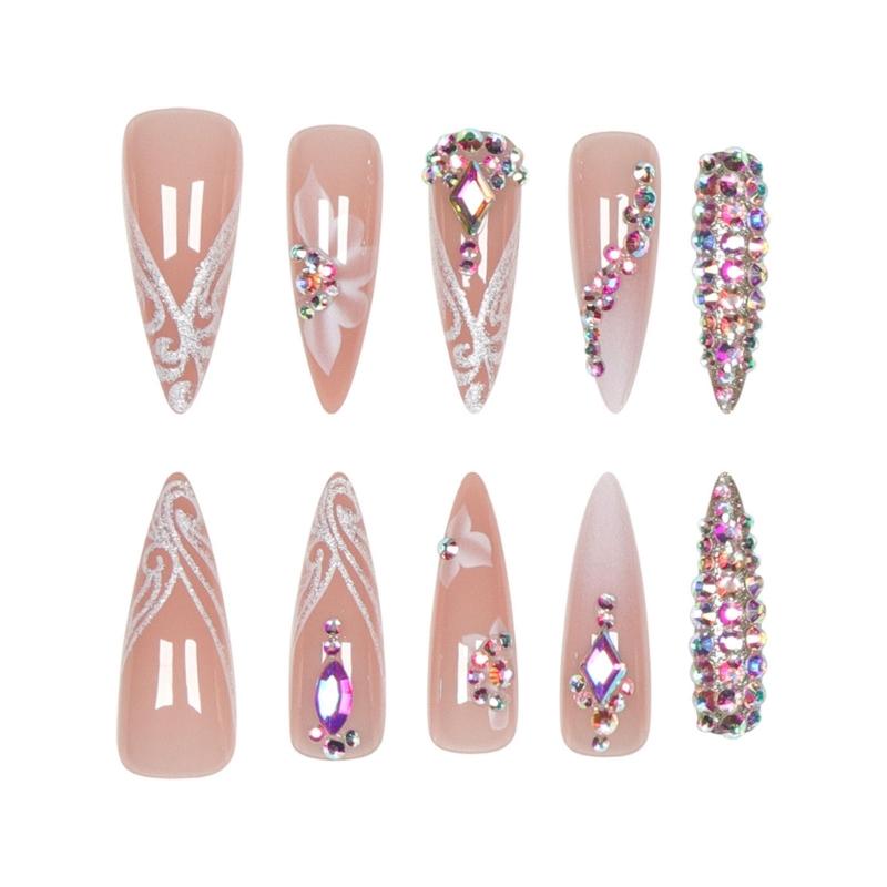 24 Pcs Long Stick On Nail Stilettos Full Cover False Nail Rhinestones Press On Nail Manicures Supplies for Woman