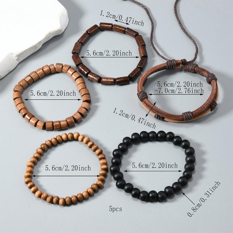 5Pcs Handmade Multilayer Elastic Cord Bracelet Coconut Shell Wood Beads Bangle Adjustable Retro Jewelry Gift