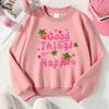 Girls Crewneck Sweatshirt, "Good Things Happen" Strawberry Print, Soft Casual Pullover for Fall Winter