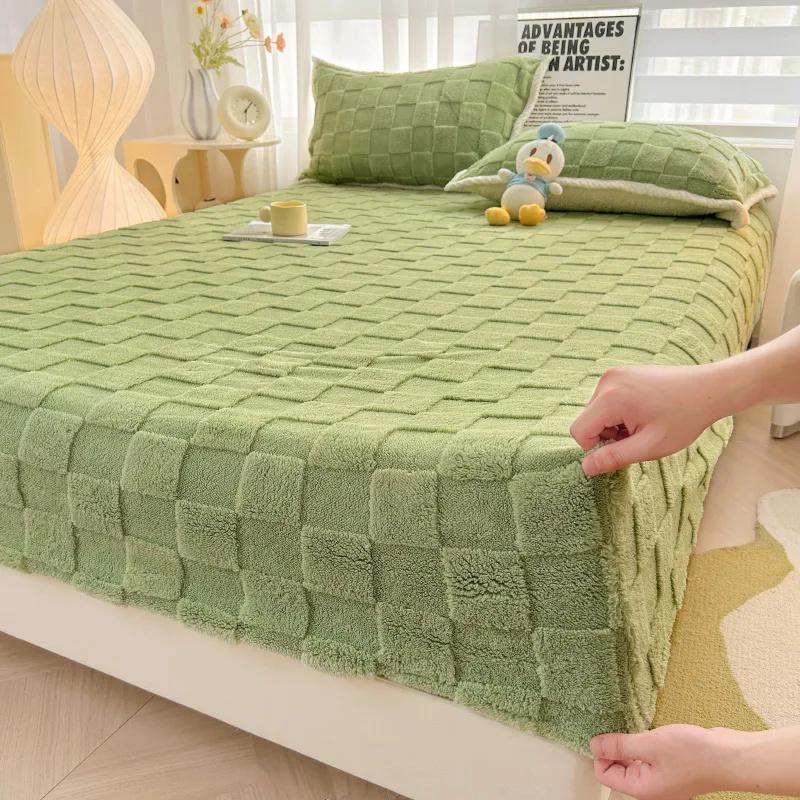 3PC(1XSheet+1XPillowcase)Winter Warm Fitted Bed Sheet Taff Velvet Fleece Bed Linen Single/Double/King/Queen Size Plush Mattress Cover Thick Bed Cover