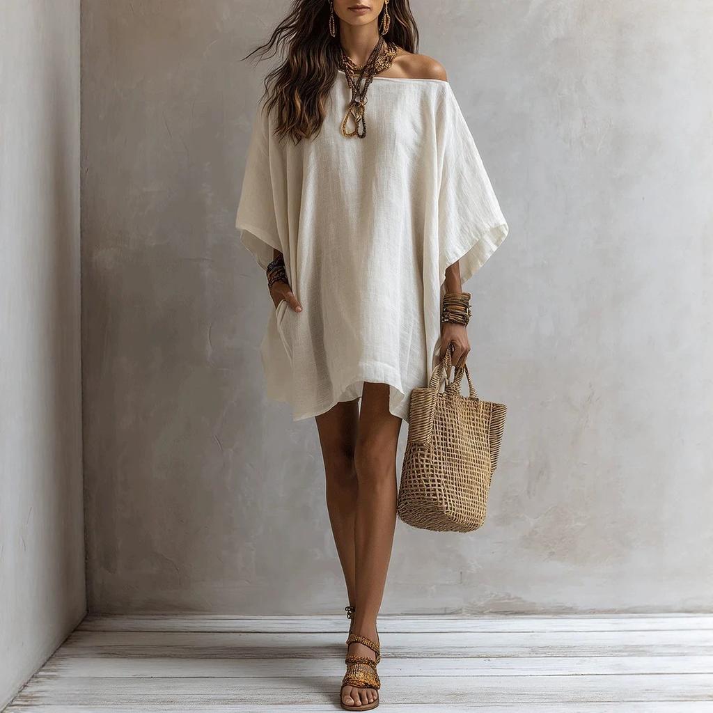 New hot-selling off-shoulder cotton and linen dress women's loose bat sleeve pocket medium and long vacation dress