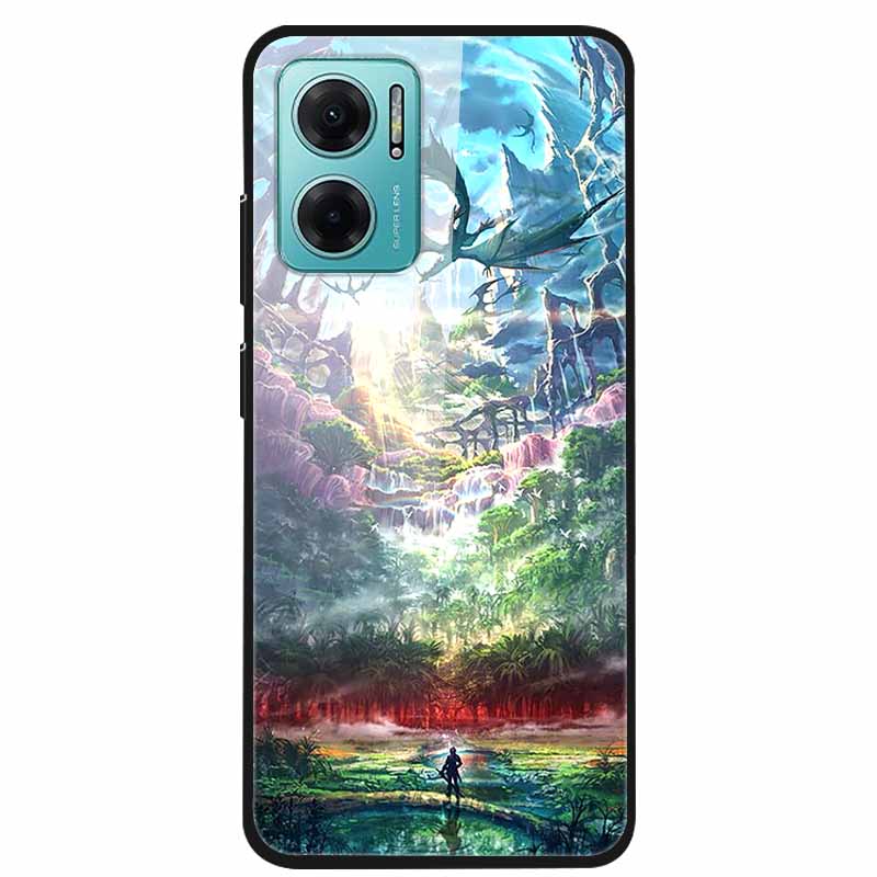 Case For Xiaomi Redmi Note 11E Luxury Tempered Glass Hard Back Cover For Redmi Note 11E Capa Shockproof Flower Funda Wolf Coque