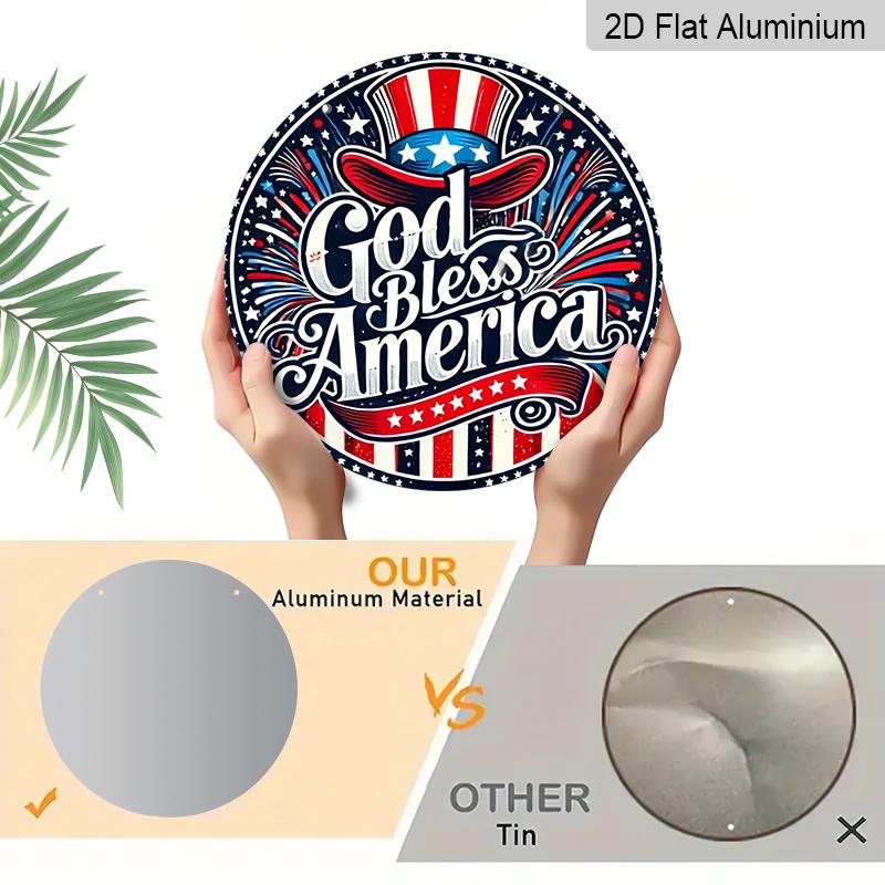 2D Flat, 1pc Round Aluminum Hanging Sign - "God Bless America" Patriotic Metal Wall Art, Uncle Sam Hat & Fireworks Design, Perfect for 4th of July
