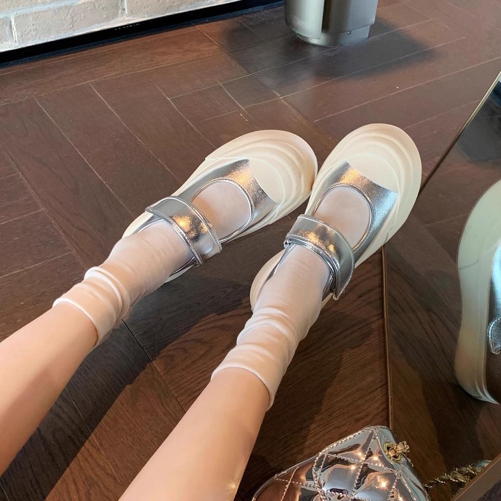 Grape Mother Autumn New Platform Single Shoes Women's French Heightening Velcro Mary Jane Light Mouth Shoes Silver Single Shoes