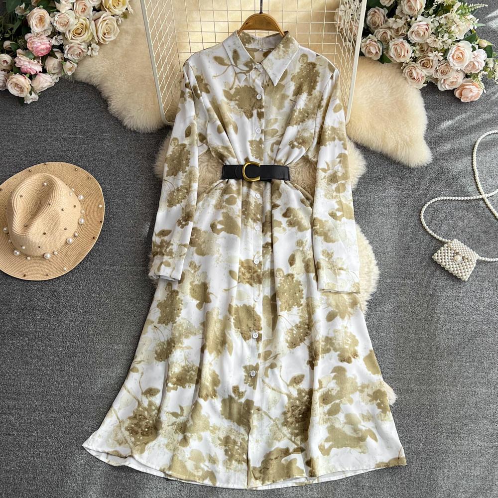 Nowa jesienna moda damska sukienka z kwiatowym nadrukiem skręcić w dół kołnierz z długim rękawem jednorzędowa linia w stylu vintage Midi sukienki imprezowe
