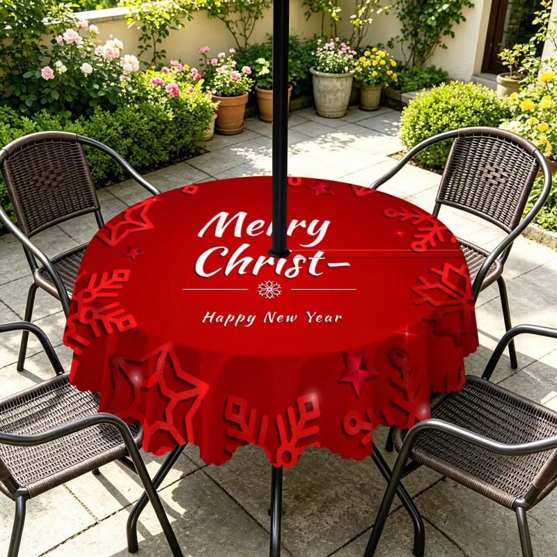 Outdoor Christmas Tablecloth Round Waterproof Oil-Resistant Patio Table Cover Garden Deck Umbrella Hole