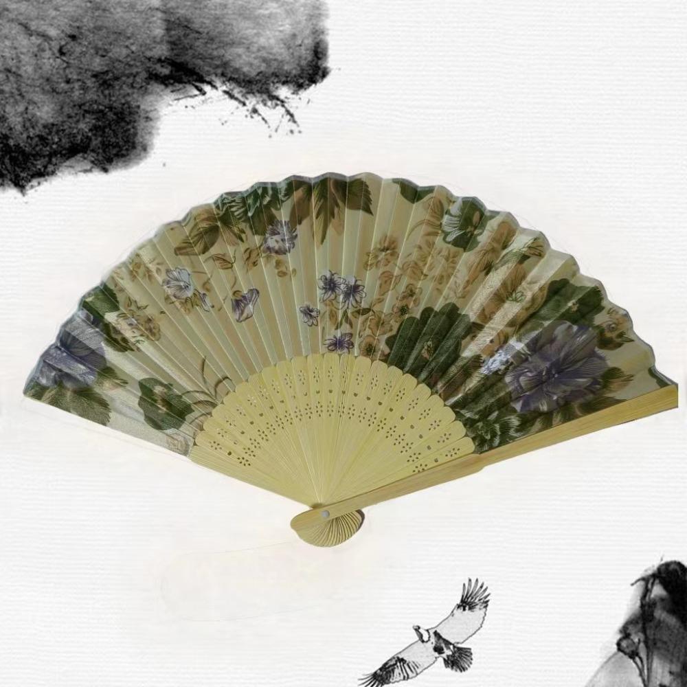 Silk Material Chinese Folding Fan Bamboo Wood Flower Pattern Silk Fan Artificial Silk Folding Design Art Craft Fan