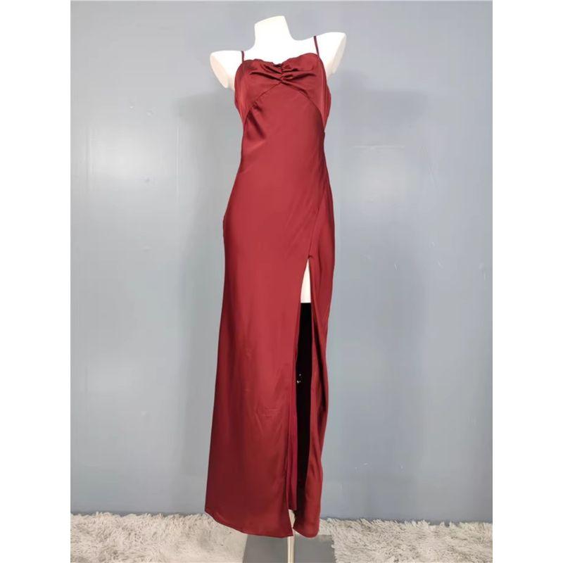 Export Single Lu Home Fashion Suspenders Smooth Fabric Slit Slim-Fitting Slim Looking Temperament Banquet Dress Women's Dress
