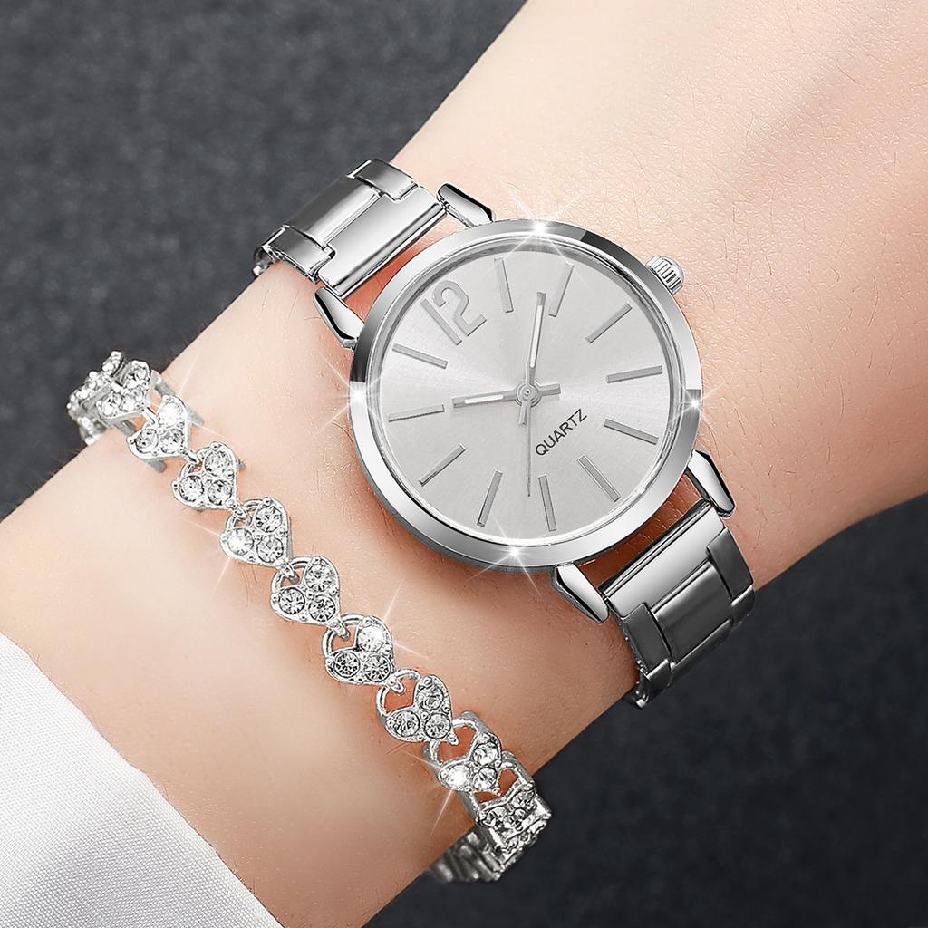 Damen Elegantes Temperament Uhrenset Luxuriös Glänzend Exquisites Armband mit Schlichter Lässiger Quarzuhr Bestes Geschenk für Mädchen
