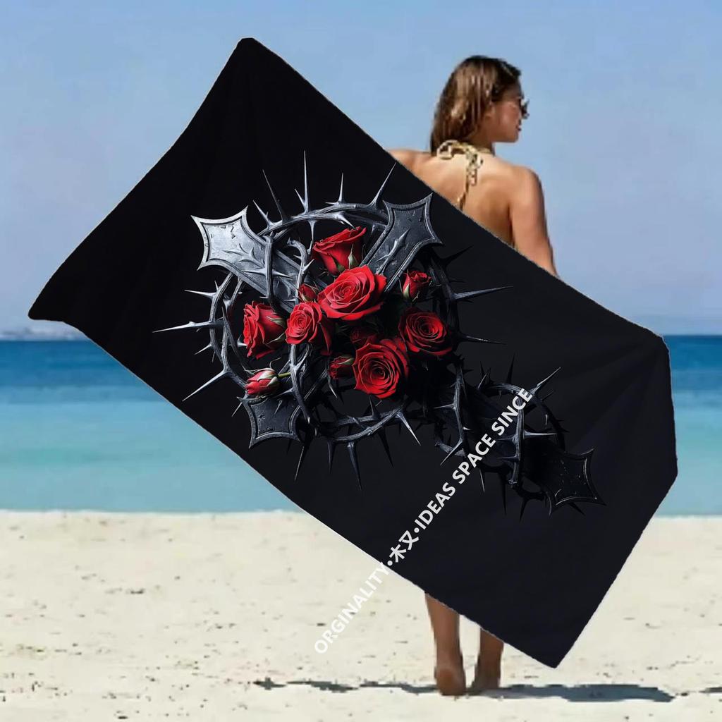 Gothic Thorn Rose Cross Beach Towel Patterned Sunscreen And Windproof Suitable For Swimming Pool Camping Travel Blanket