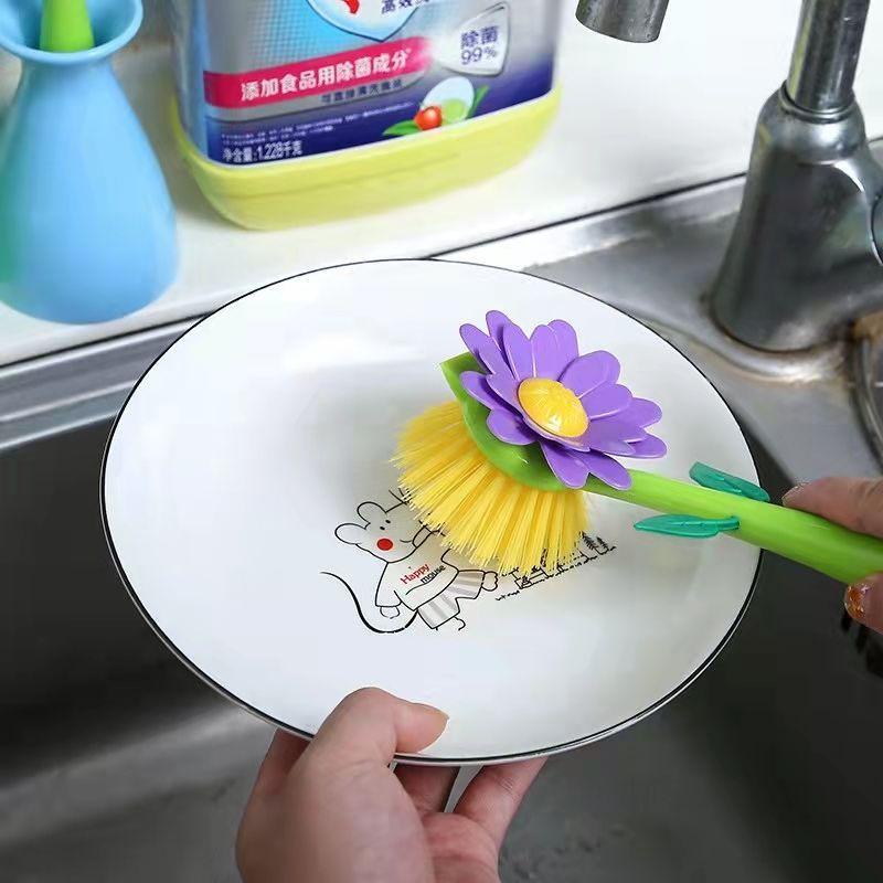 Hand Washed Pot Brush Bowl Brush with Handle Long Brush for Washing Dishes Pot Brush Kitchen Cleaning Supplies, Sunflower Brush