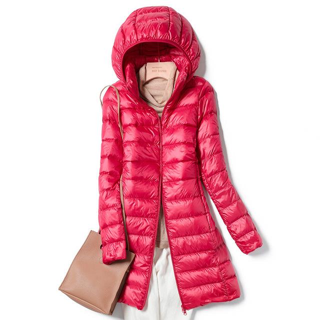 Botvotee Dlouhá zimní péřová bunda Ženy Nová móda Vintage Parka s dlouhým rukávem S kapucí Elegantní Ležérní Tenké Pevné Zipy Kabát
