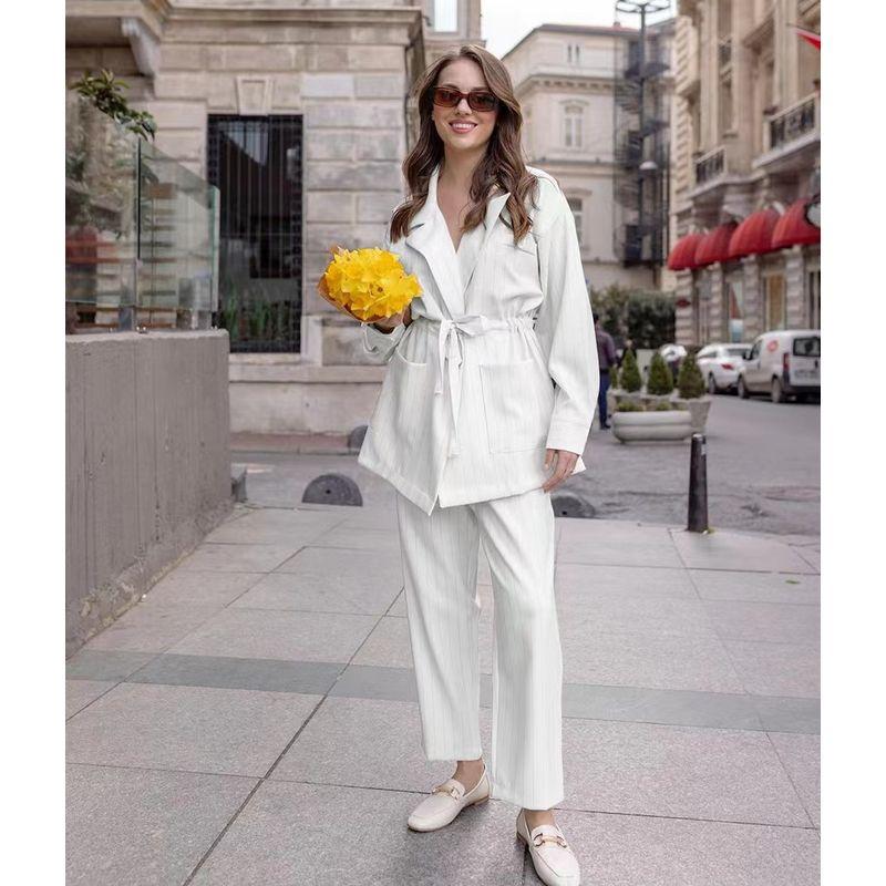 

Western Style New Stripe Suit Collar Top Trousers Two-Piece Striped Top and Pants Set White S