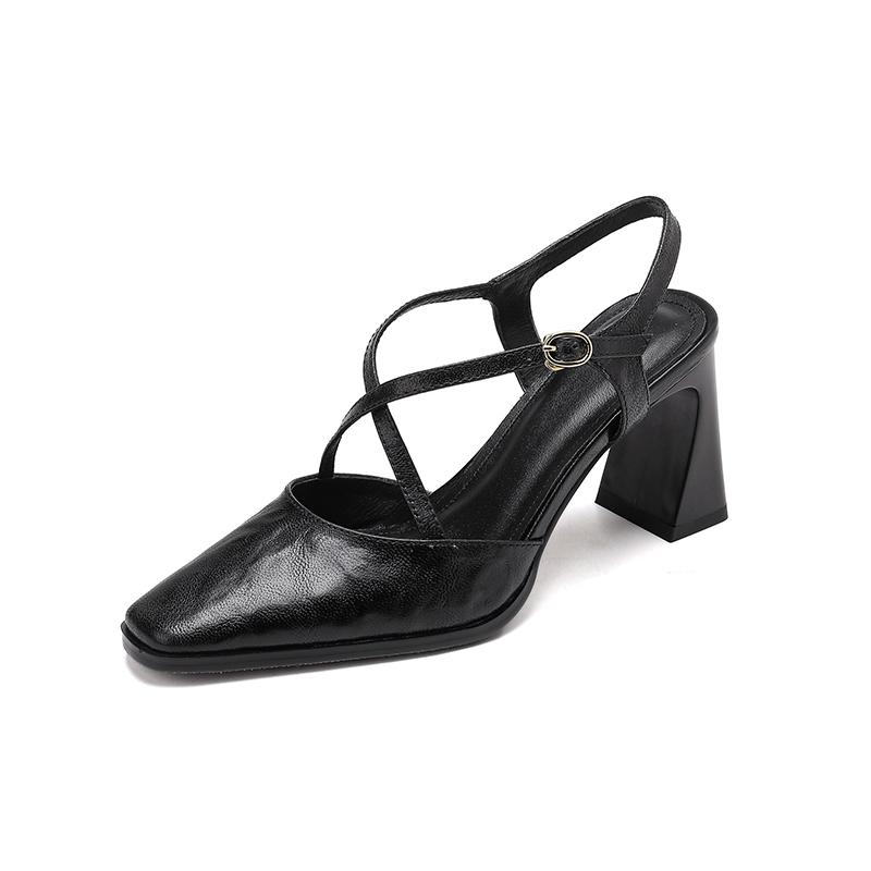 Fashion 2025 New Size 34-40 Women Vintage Sandals Real Leather Retro Square Tor High Heels Summer Shoes Slingback T-Strap Office Daily