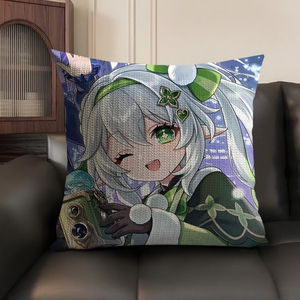Nahida Genshin Impact Cute Cushion Cover Natural Linen Organic Fabric DoubleSided Printing Sofa Home Decor Gift Pillow Case