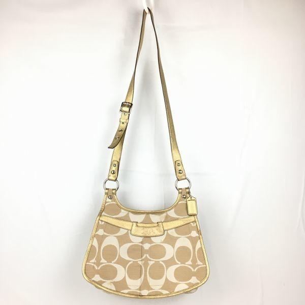 Coach Beżowa Torba na Ramię z Sygnaturą Złote Wykończenie Pasek(UŻYWANY)